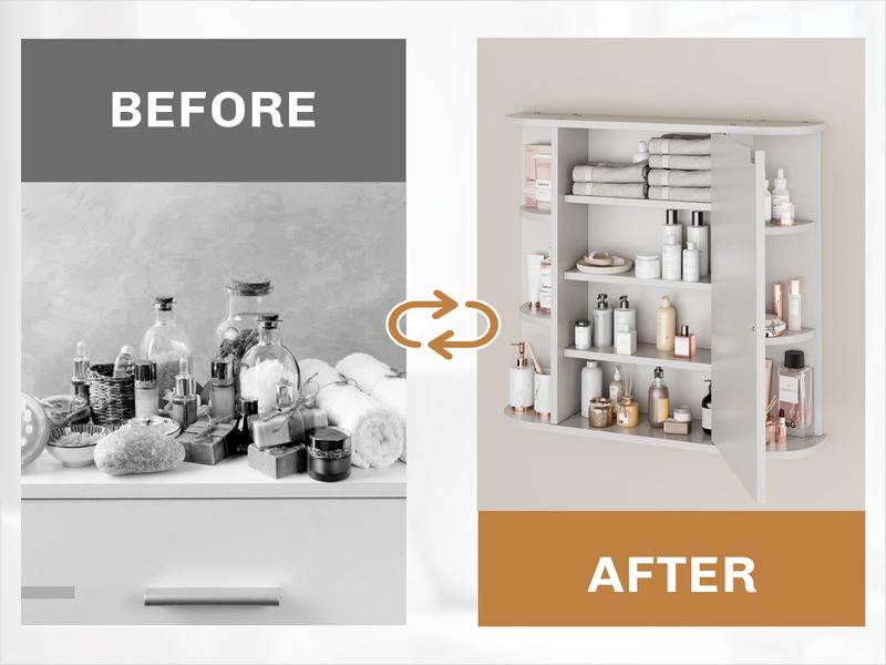 Walsunny Bathroom Medicine Cabinet with Mirror, Wall Mounted Storage Cabinet, Mirror Door & 6 Open Adjustable Shelves, Bathroom Wall Organizer, White