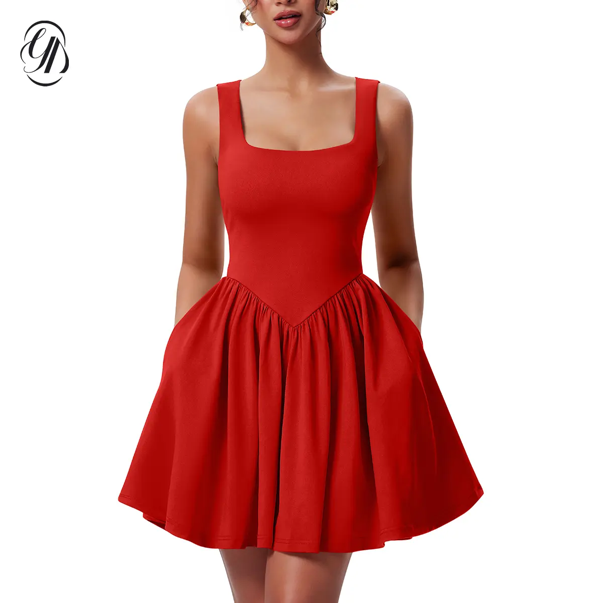 OYV Women's Slim Summer Sleeveless Square Neck Strap A-line Ruffle Hem Mini Tank Dress with Pockets, Nylon Stretchy Fabric, Casual