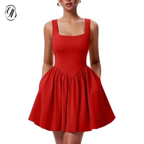 OYV Women's Stretchy Fabric Sleeveless Square Neck Mini Dress with Pockets, Strap Detail, Elegant Ruched Cold Wash Friendly Cocktail Formal Red Dress for Women