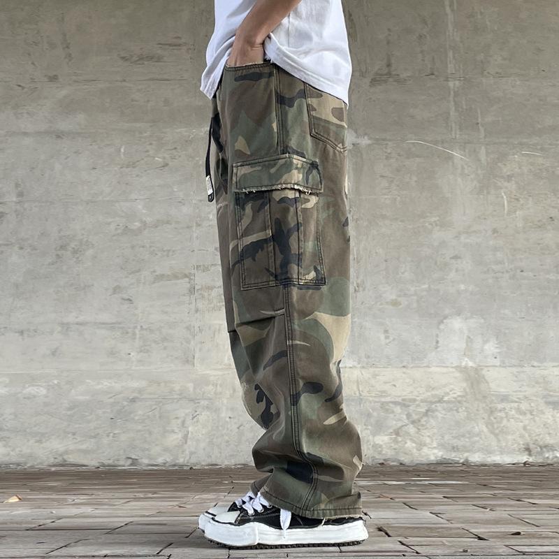 American Street Retro Loose Straight-Leg Camouflage Cargo Pants for Men Heavy Washed Handmade Patch Ripped Trendy Military Pants\