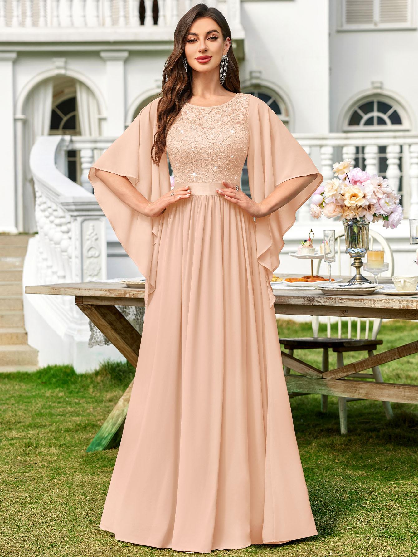 Miusol P83099 Plus Size Women's Sequin Floral Lace Chiffon Flare Sleeve Formal Dress Elegant Evening Gown All Seasons Party dress,Evening dress Normal Type  Womenswear Maxi Dress SpringStatements