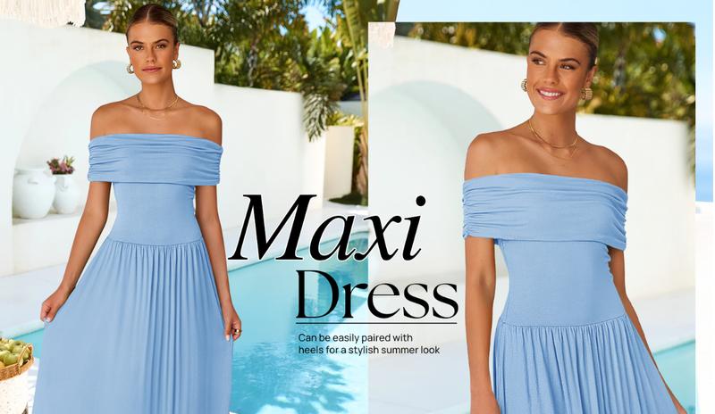 ZESICA Women's Off The Shoulder Maxi Dress 2025 Summer Sleeveless Casual Slim Swing Pleated Formal Party Dresses