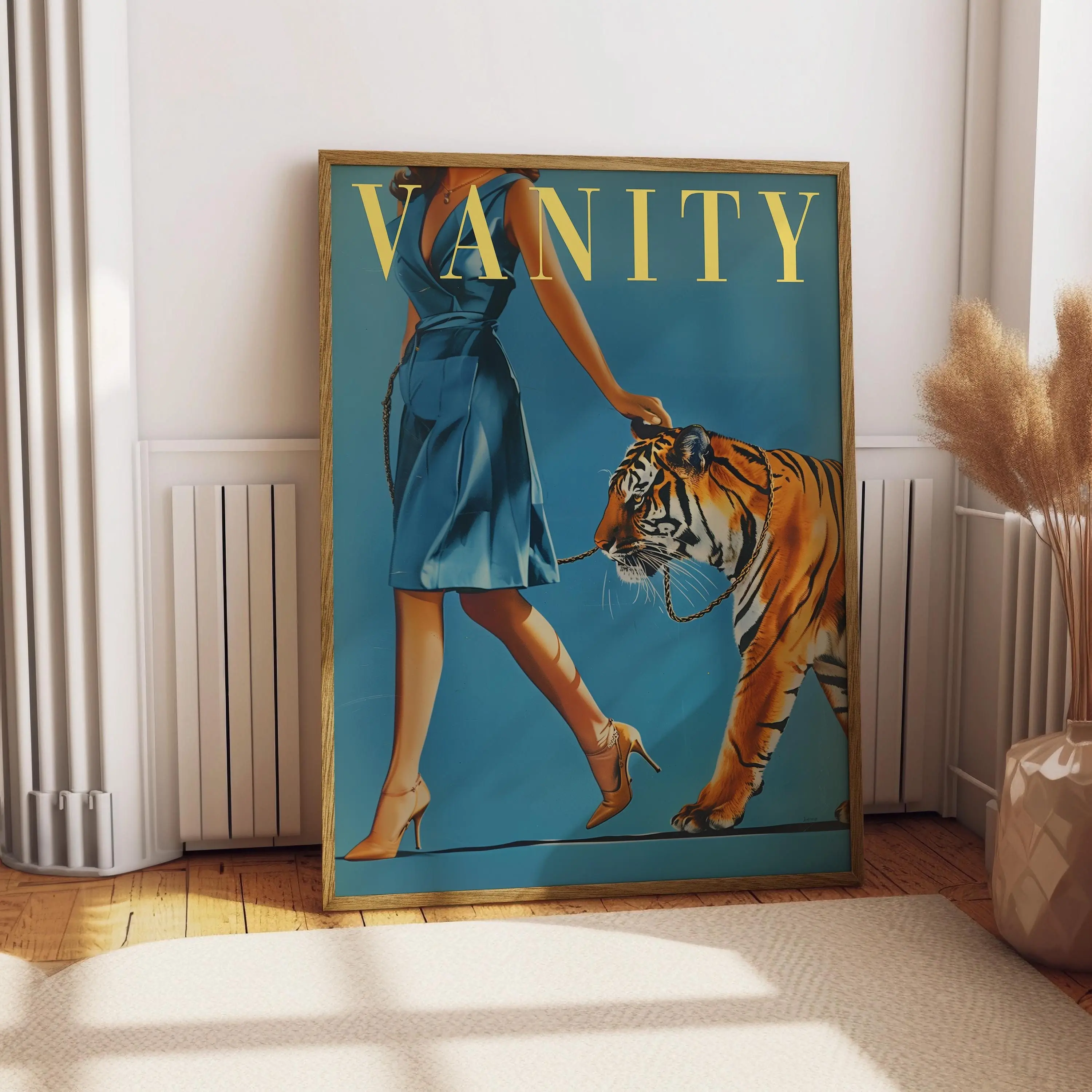 [Sale Up To 50%][No frame, Free Ship] Vintage Woman Walking a Tiger Poster Women Fashion Magazine Wall Art Badass Bestie Eclectic Feminist Print Funny Retro Wall Decor