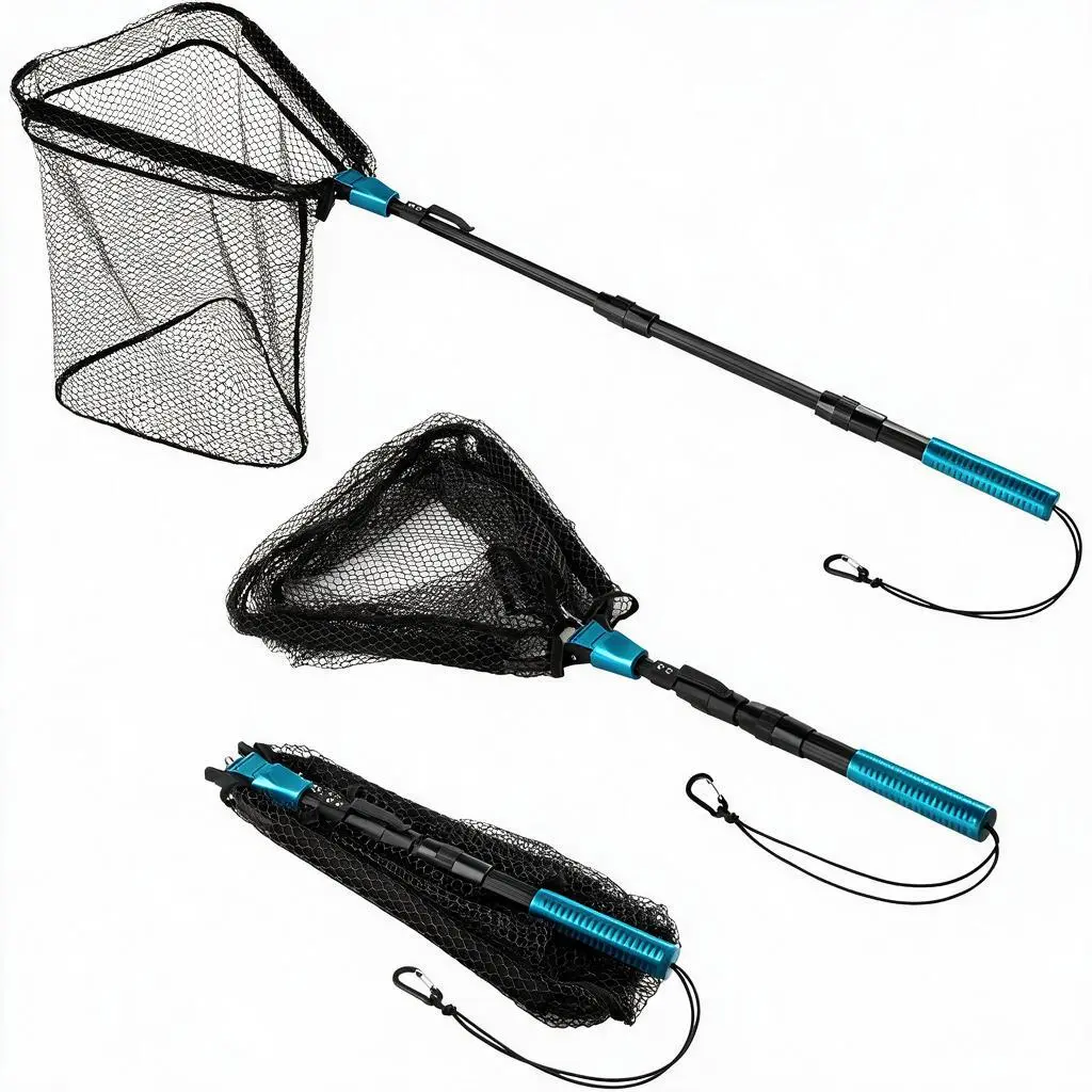 Triangle Fishing Net, Foldable, Lightweight & Strong Landing Net with Non-Slip Elastomer Handle, Built-in Elastic Lanyard and Belt Clip, Fishing Gear - Gift for Men