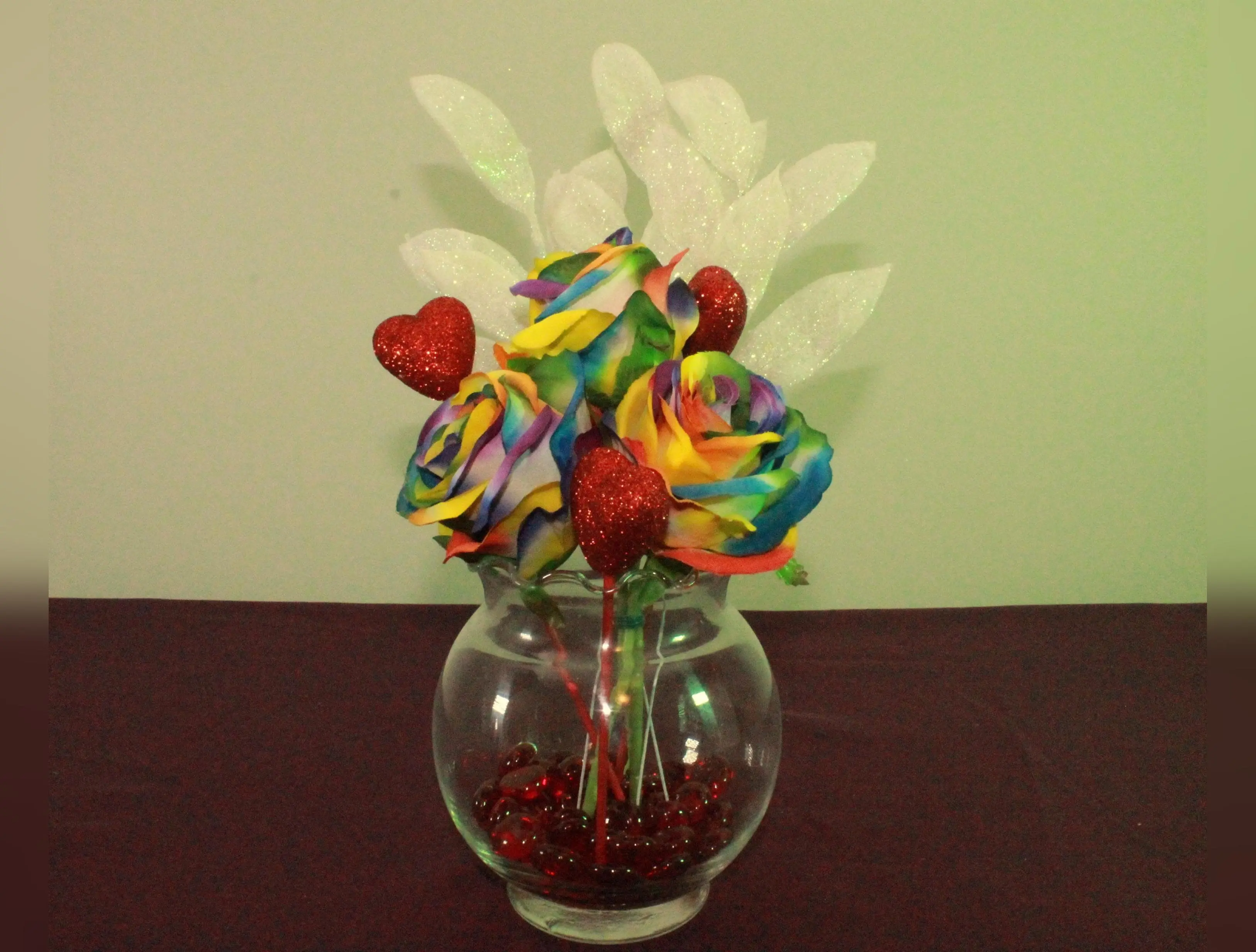 Rainbow Rose Arrangement – Sparkling Hearts, Valentine's Day Pride Gift