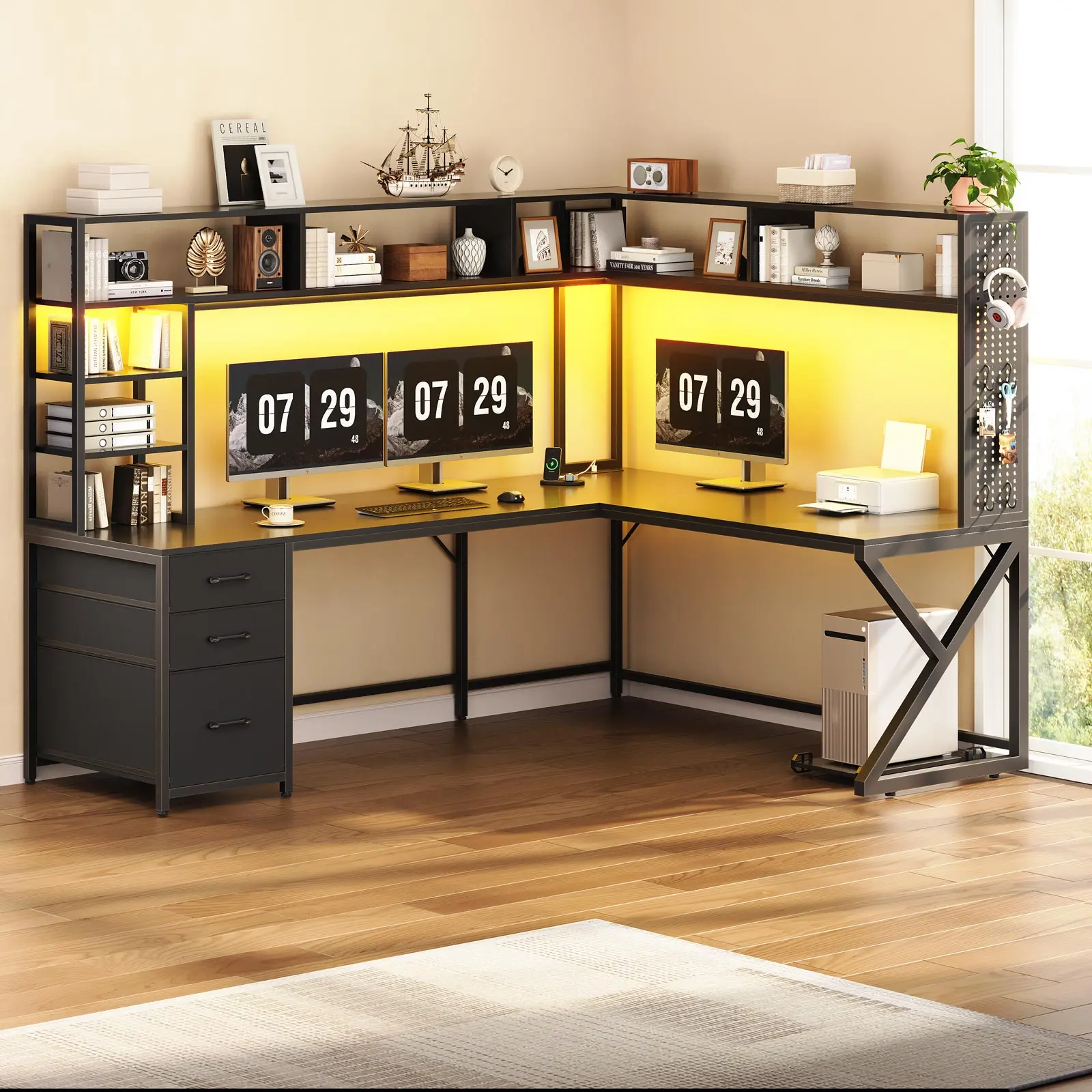 Sedeta Modern L-Shaped 2-Person Wood-Metal Gaming Desk - 94.5" Long (66.1"L×47.2"W) Convertible Corner Unit with Storage Shelves, Hutch, Drawers, Power Outlet, LED Lights, Pegboard for Home Office, Man Cave | Commercial Furniture, Desks For Gaming