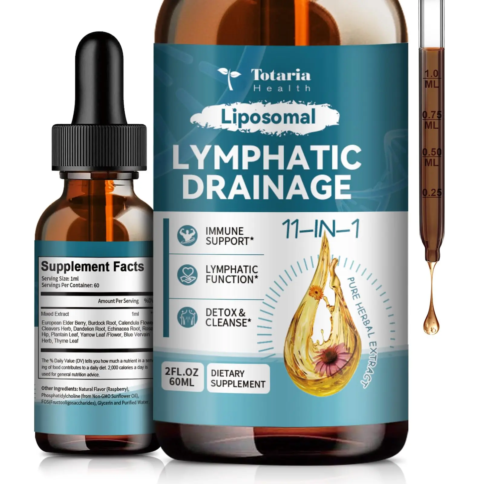 Totaria Liposomal Lymphatic Drainage Drops, 11-In-1 Organic Herbal Supplement (2 FL.OZ) - Supports Lymphatic Health with Burdock Root, Echinacea, Elderberry, Calendula, Cleavers Herb, Dandelion