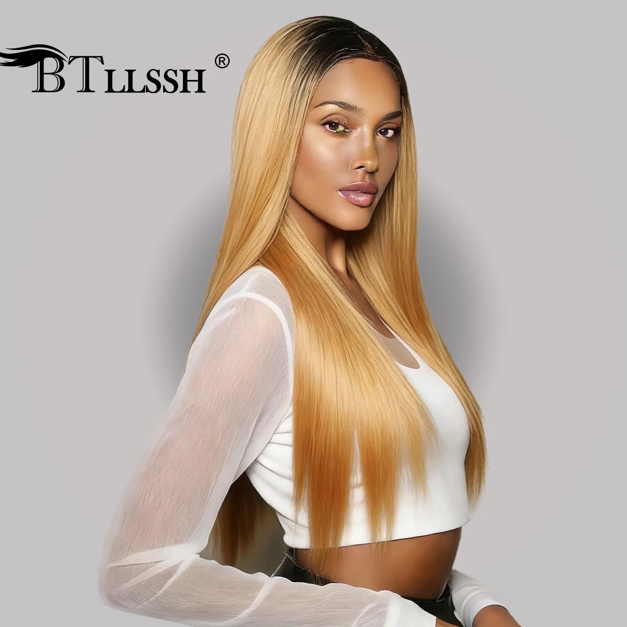 【Blend】Ombre Ginger Bone Straight Lace Front Wig PrePlucked Hairline with Tiny Knots Human Hair Blend Glueless Lace Wig 24inch