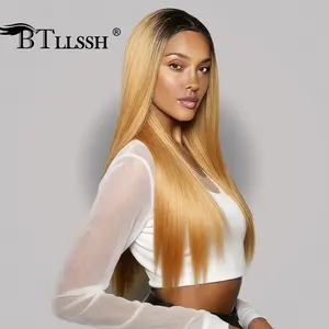 【Blend】Ombre Ginger Bone Straight Lace Front Wig PrePlucked Hairline with Tiny Knots Human Hair Blend Glueless Lace Wig 24inch
