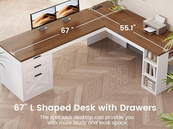 SEDETA 67 Inch Farmhouse L Shaped Executive Computer Desk with 3 Drawers Storage Shelves Power Outlets