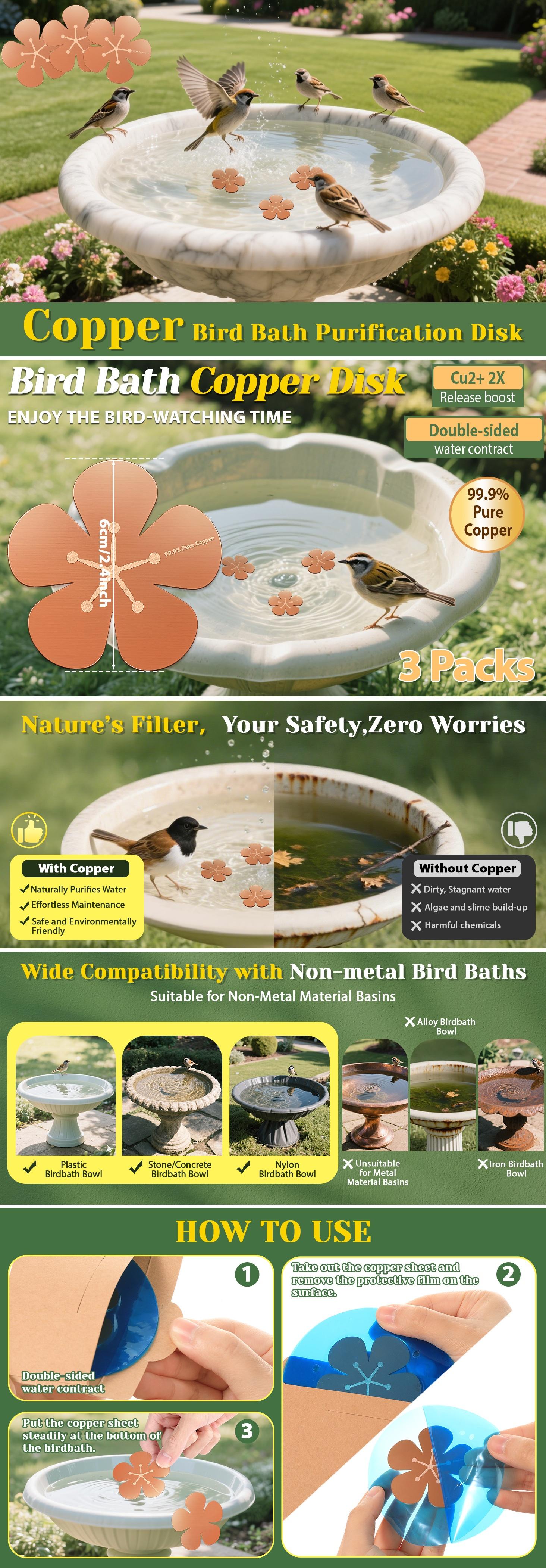 3Pcs Bird Bath Copper Purification Disk 99.99% Pure Copper Water Cleaning Discs 0.6mm Physical Clean Water for All-Season Universal Natural Fit for Outdoor Birdbaths, Bowls, Garden Fountain