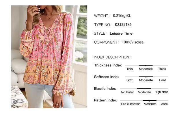 Boho Chic Floral V-Neck Blouse with Tie Detail - Long Sleeve, Casual Resort Wear for Women, Temperament, Fringed Shirt, Leisure Style, ALL/Global/All Top Boh Bohemian emian Bohemian Womenswear Fitted Top