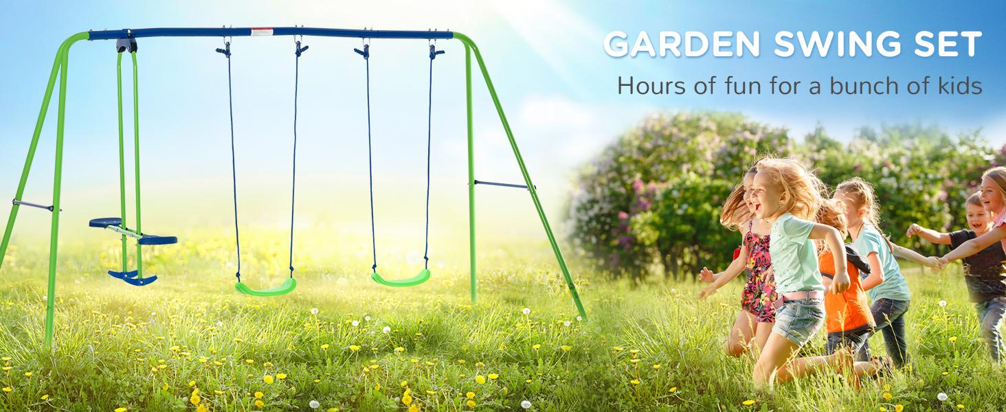 #dealsforyoudays Outsunny Swing Set for Backyard, Heavy-Duty A-Frame Stand Outdoor Playset for Kids, with Saucer Swing, Slide, Swing Seats, Glider Set