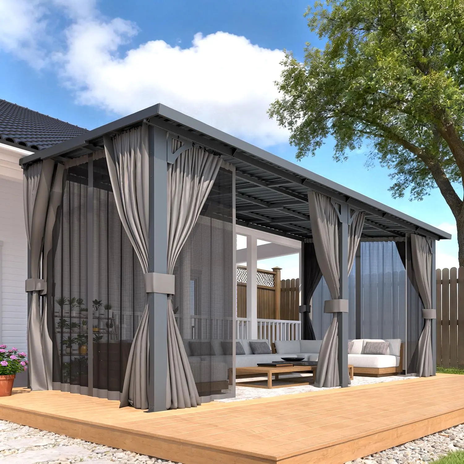 【Multiple packages arrived at different times】AECOJOY Black Steel Roof Outdoor Hardtop Metal Gazebo with Curtain and Netting for Patio, Large Lean to Wall Mounted Pergolas & Grill Gazebo, Heavy Duty Galvanized Steel Roof Awnings for Decks