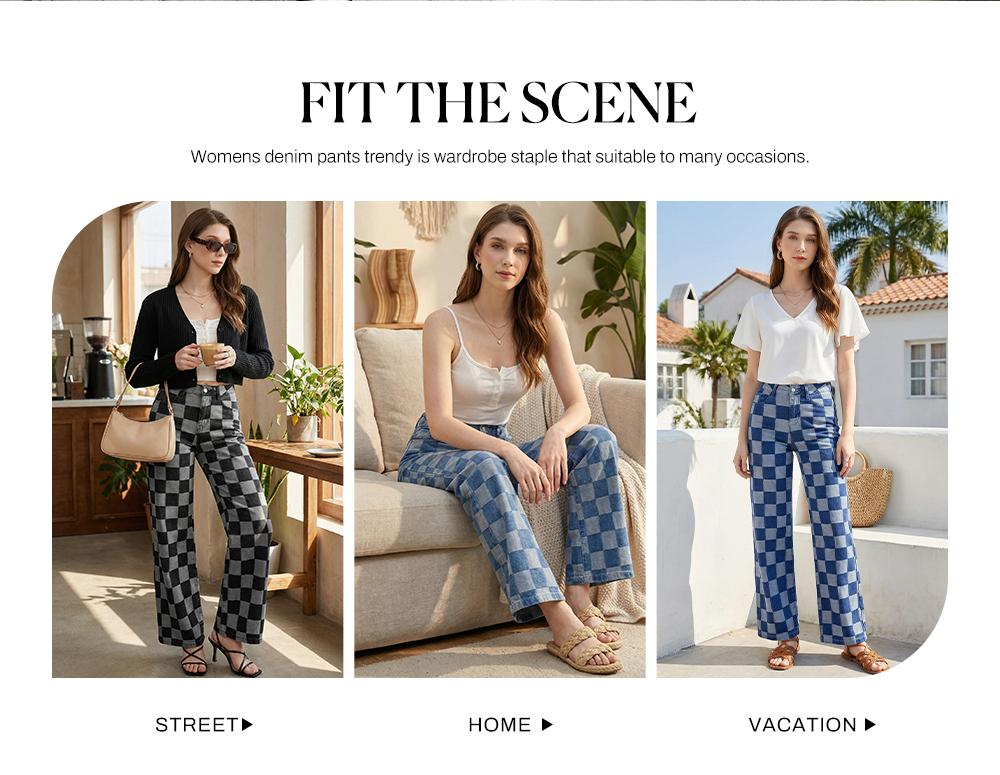 Sidefeel Women's Wide Leg Jeans High Waisted Stretchy Straight Leg Checkered Loose Denim Pants SpringStatements