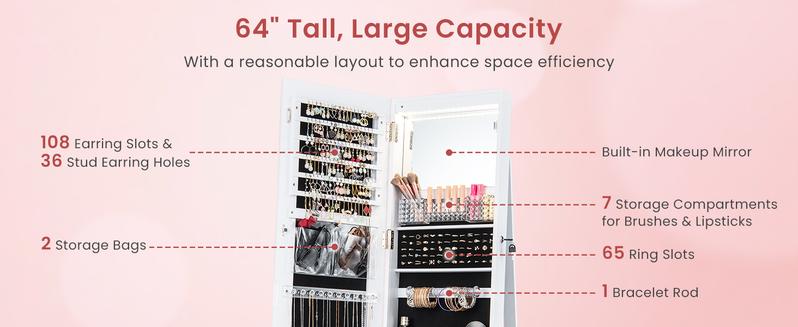 COSTWAY Jewelry Cabinet with Wheels, 64" H Full Length Mirror, 3-Color LED Lights, Height Adjustable Shelves, Lockable Standing Jewelry Organizer Armoire with Back Storage Shelves -costst