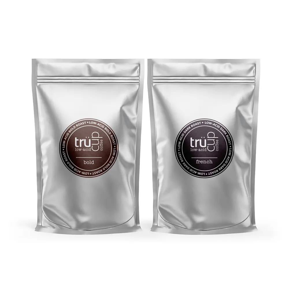 trücup Low Acid Ground Coffee Sample Pack - Dark Side, Bold/French Roast Drip Grind, 6 oz (2 3 Oz. Samples) - Stomach-Friendly 100% Roasted Coffee for Cupboard Storage