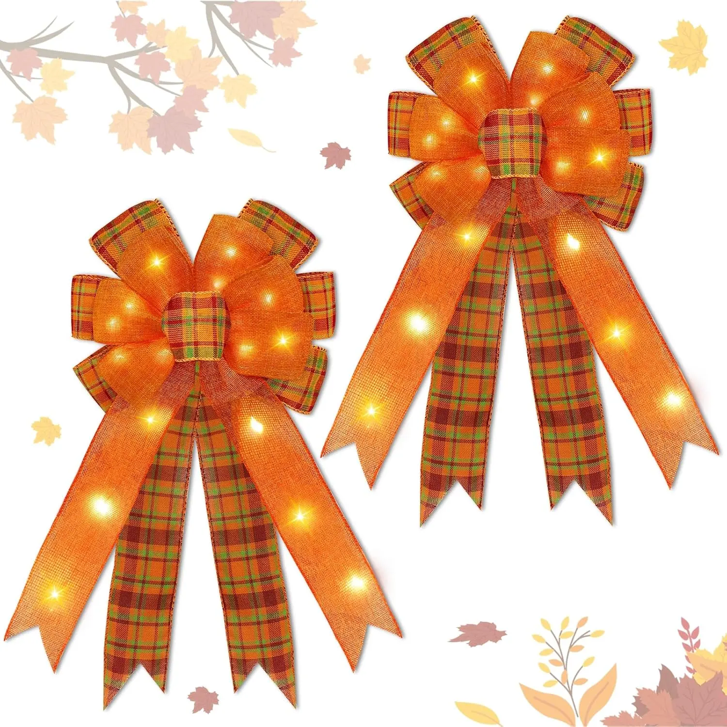 Timer - 2 Pack Prelit Fall Wreath Bows with 40 LED Lights Total, 18 Inch Orange Buffalo Burlap Plaid Bows for Wreath, Fall Bows for Tree Topper Front Door Thanksgiving Home Decor Indoor Outdoor