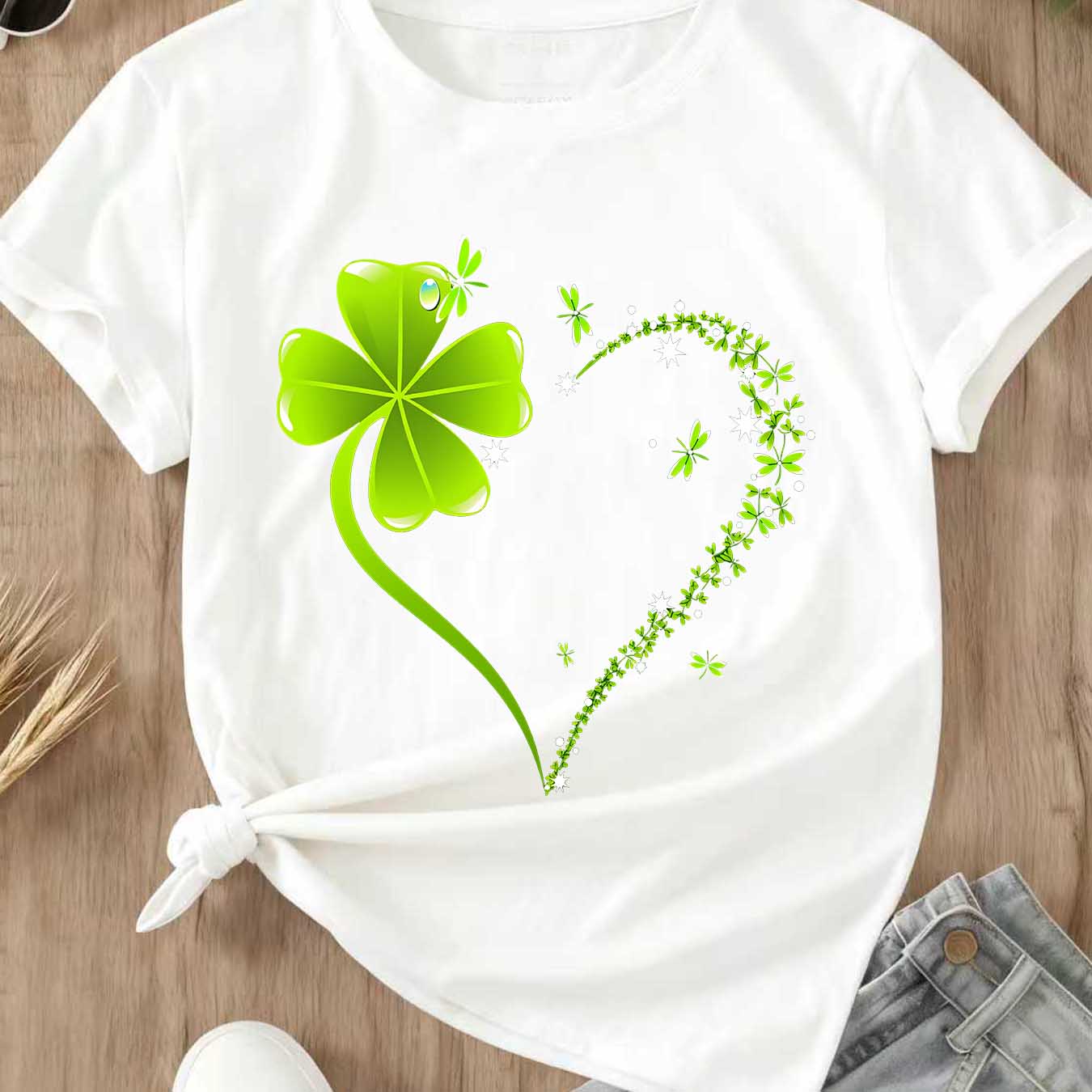 Crew Neck T Shirt  Four Leaf Clover Heart Design St Patrick's Day Celebration,Unisex Graphic Casual Short Sleeve Crew Neck,Shirt for Men & Women, Gift for Her and Him Unisex T-shirt For Man And Woman, Tshirt, Streetwear Style, Retro Vintage Y2k