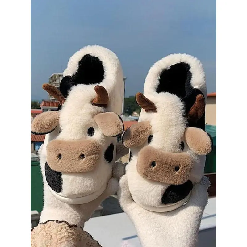 Women's Cute Cow Print Slippers, Fuzzy Plush Cartoon Slip On Slides, Cozy Warm Casual Footwear for Indoor Outdoor Fall Winter, Animal Print, Ankle