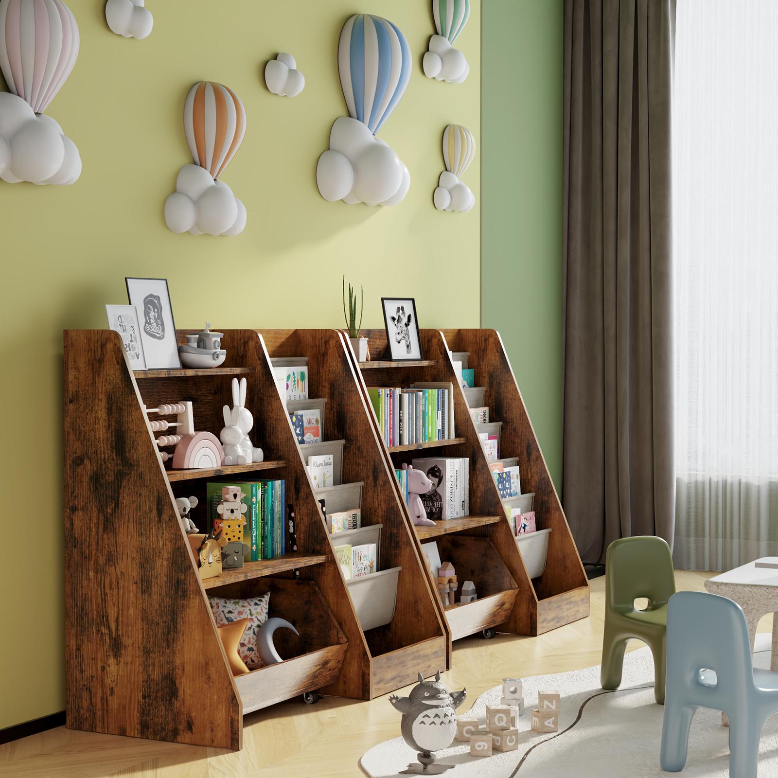 【LIVE】4-Tier Rolling Toy Storage Cabinet for Kids - 5 Layer Sling Toddler Furniture, Baby Furniture Book Rack, Organizing Nursery, Wooden Home Storage with Wheels