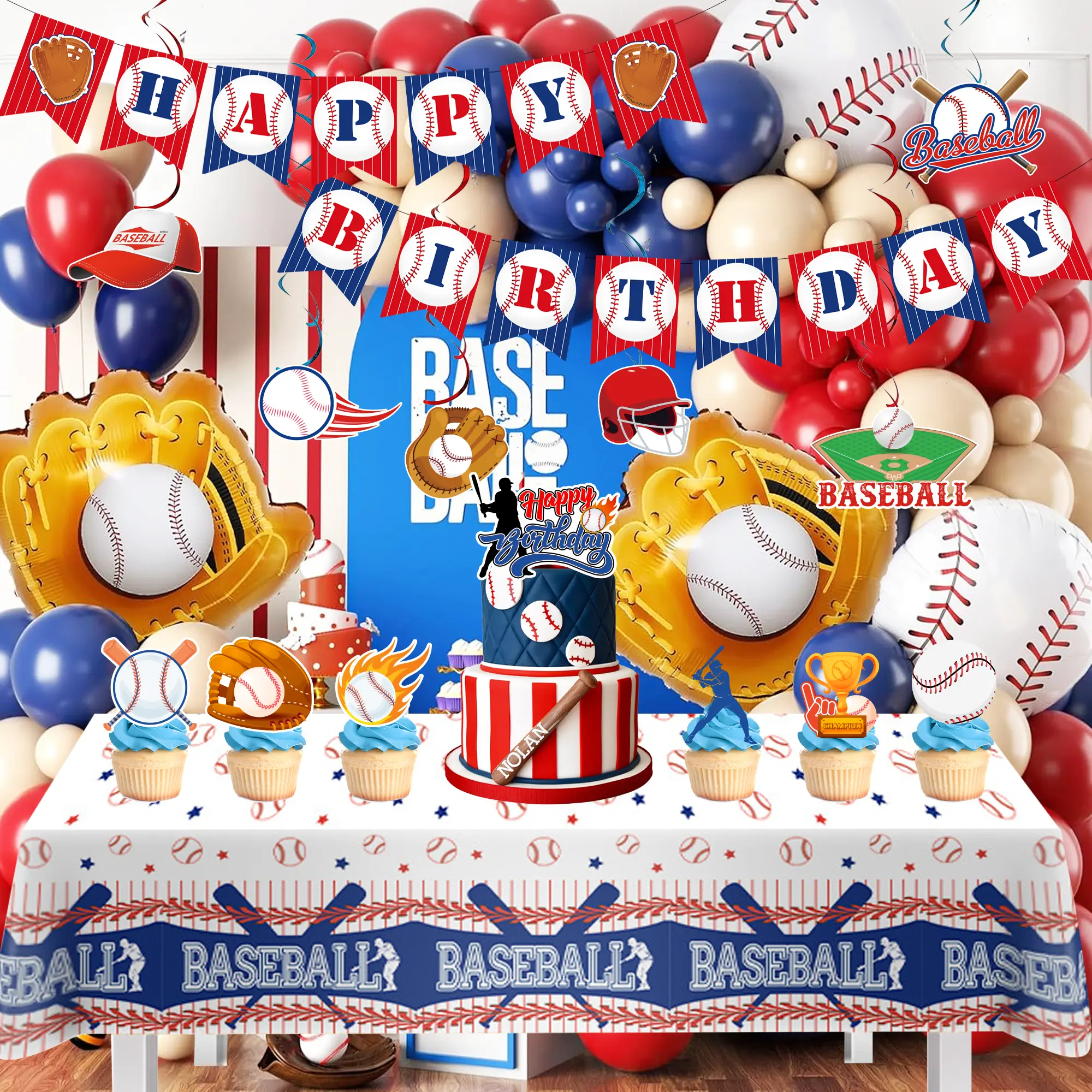 Baseball Party Decorations ballon, 118pcs Baseball Birthday Decorations Set Include Baseball Cupcake Toppers Balloons Hanging Swirls Tablecloth etc Baseball Themed Party Decorations for Sports Party