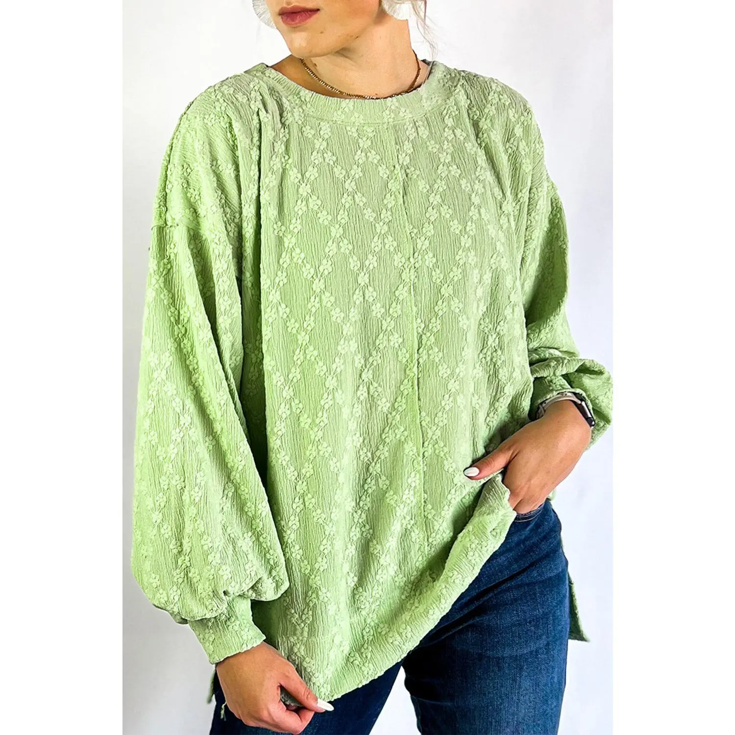 Light Green Solid Color Textured Side Split Crew Neck Blouse
