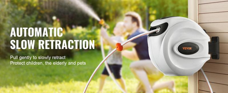 VEVOR Retractable Hose Reel, Max 130 FT / 115 FT / 100FT / 65FT / 84FT Garden Water Hose Reel with 9-Pattern Nozzle, 180° Swivel Bracket Wall-Mounted, Automatic Rewind, Lock at Any Length, with Slow Return System VEVOR Super Brand Day