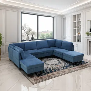 Blue Flannel 8-Piece Sofa Set, Modern Upholstered Living Room Couch with Soft Cushion and Sturdy Frame