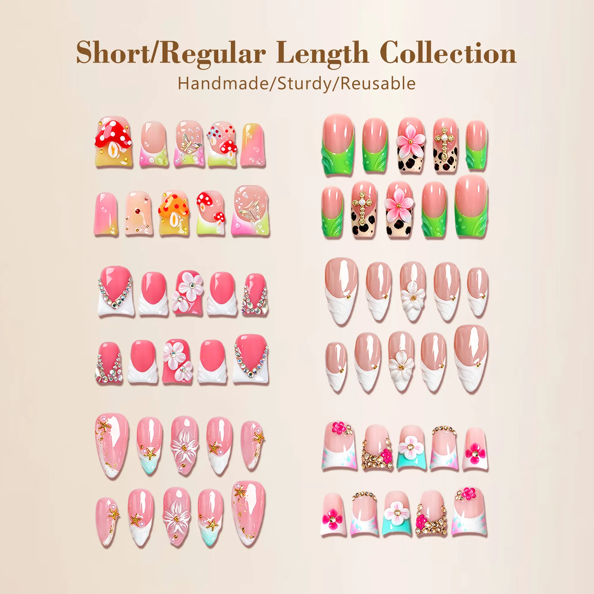 Fairy Wings | Short/Regular Length Collection  Handmade Press On nails | 10PCS Reusable | Salon Quality | 3D Flower | short length，regular length