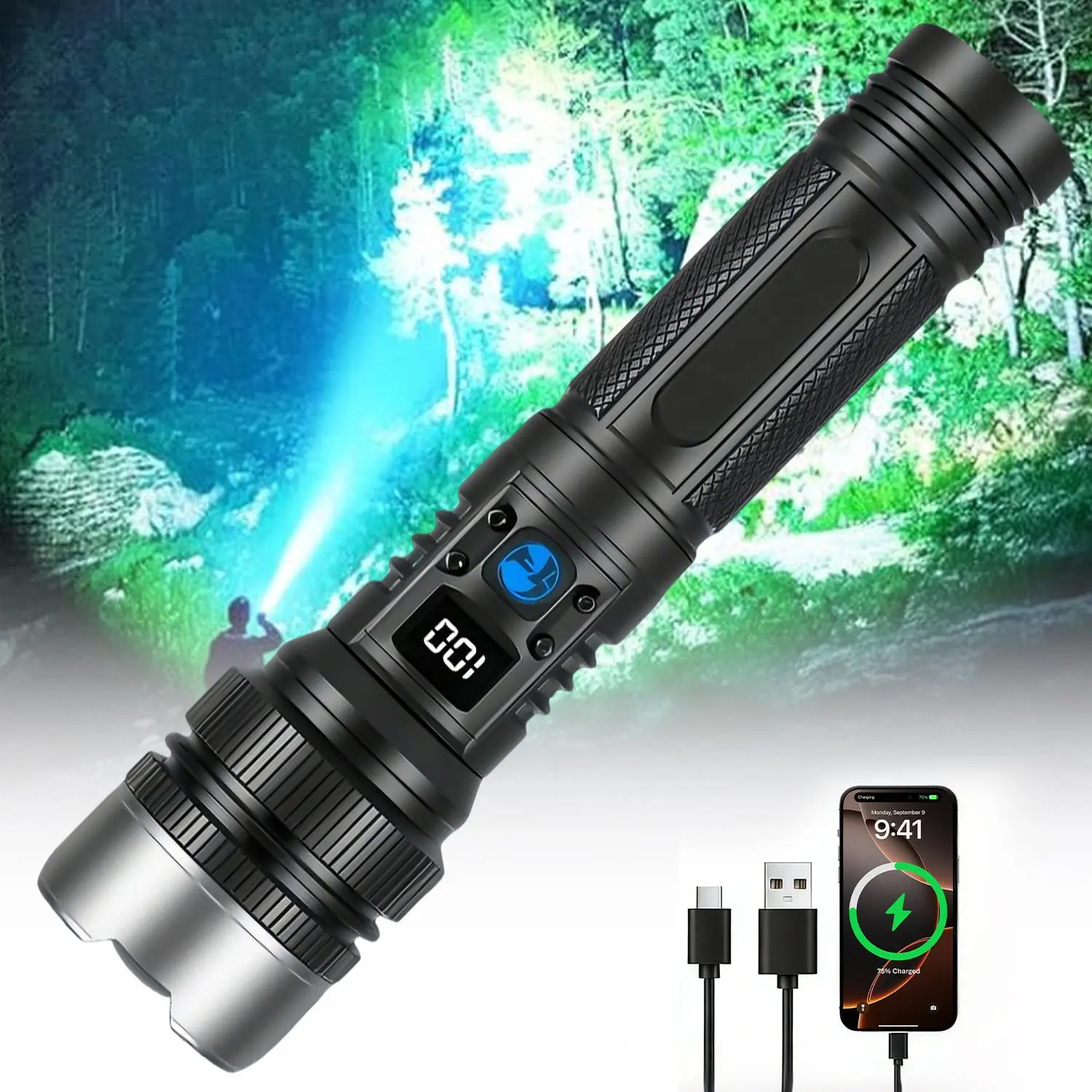 2-in-1 Strong Flashlight (Power Bank), Digital display ofpower, Rechargeable, Zoomable,, X4Waterproof,Adjustable Brightness Flash Light for Outdoor, Emergency,Camping Accessories, Black dealsforyoudays