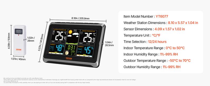 VEVOR Weather Station Indoor Outdoor,  7.5 in Large Color Display, Wireless Digital Home Weather Station, with Sensor Atomic Clock Adjustable Backlight Forecast Data Calendar Alarm Alert Temperature