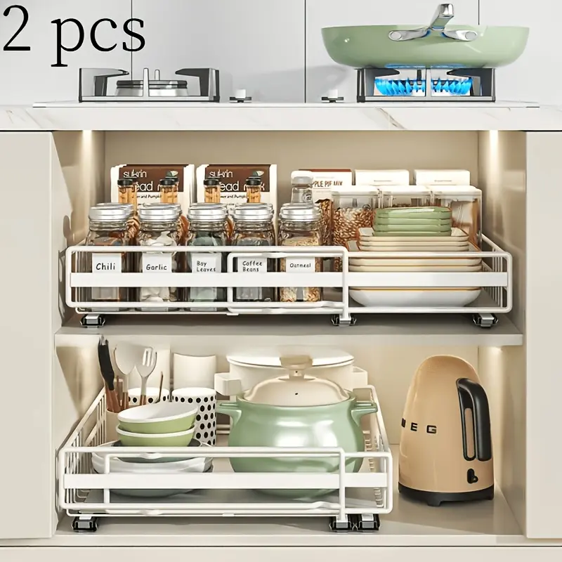 2pcs Expandable Pull-Out Kitchen Storage Racks Adjustable Width Metal Storage Drawers In Black Or White Kitchen Organization Storage Cabinets Under-sink Storage Solutions Under-sink Cabinet Organization Pull-out Cabinet Organizer Racks