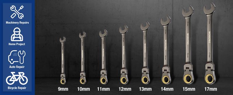#JumpstartSale WORKPRO 8-piece Flex-Head Ratcheting Combination Wrench Set, 72-Teeth, Cr-V Constructed, Mirror Polished Chrome Plated with Roll Up Pouch
