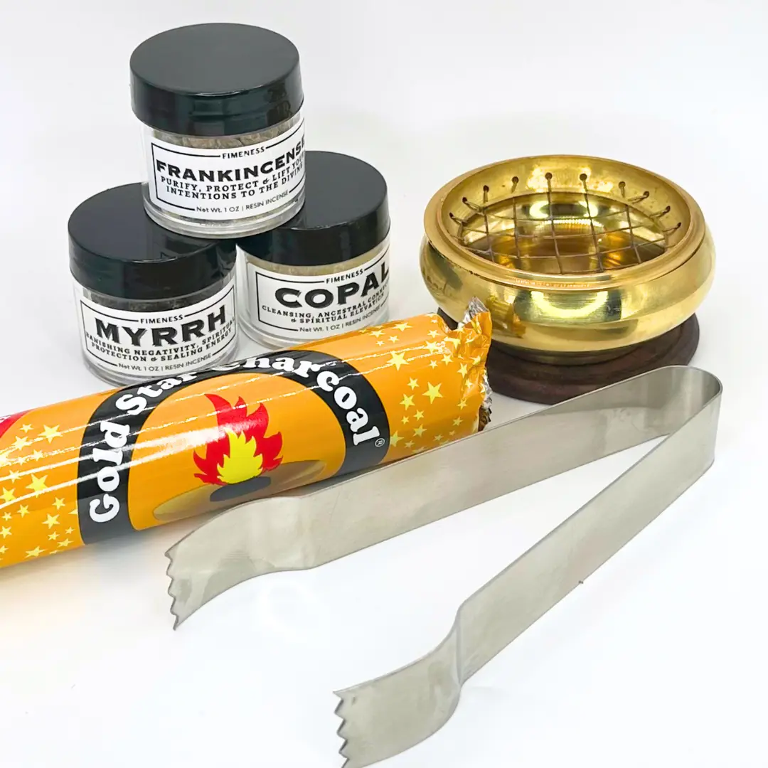 FIMENESS - COPAL, FRANKINCENSE AND MYRRH INCENSE KIT INCLUDES BRASS CHARCOAL BURNER, CHARCOAL DISCS AND TONGS COMPLETE SET FOR CLEANSING, MEDITATION AND SPIRITUAL RITUALS