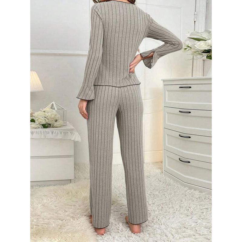 Women's Solid Lettuce Trim Top & Pants Loungewear Two-Piece Set, Casual Comfy Long Sleeve V Neck Top & Trousers PJ Set, Ladies Sleepwear for All Seasons Women's Solid Lettuce Trim Top & Pants Loungewear Two-Piece Set, Casual Comfy Long Sleeve V Neck Top & Trousers PJ Set, Ladies Sleepwear for All Seasons