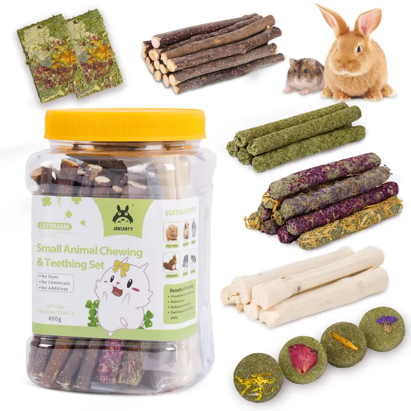 50-60 PCS Natural Rabbit Chew Toys, Treats, Timothy Sticks, Apple Sticks, Sweet Bamboo for Guinea Pig, Hamster, Chinchilla, Rat, Small Animals