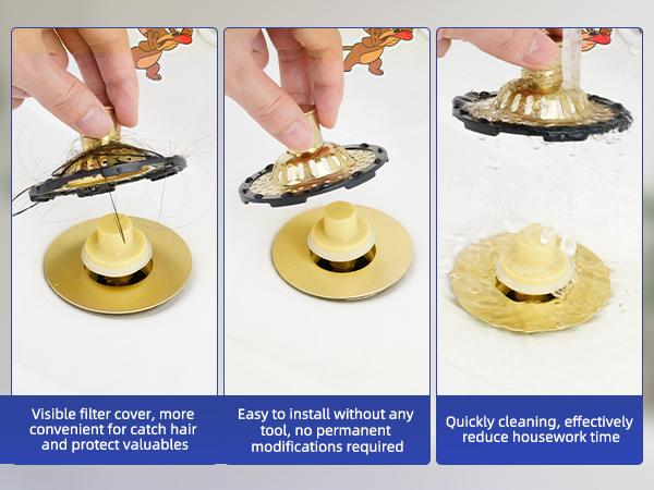 Universal Bathtub Drain Stopper Shower Drain Hair Catcher, Tub Stopper with Visible Top Strainer, Upgraded 3 in 1 Pop-up Drain Plug Fit for 1.5 to 2.4" Hole, Stainless Filter Basket, Brushed Gold