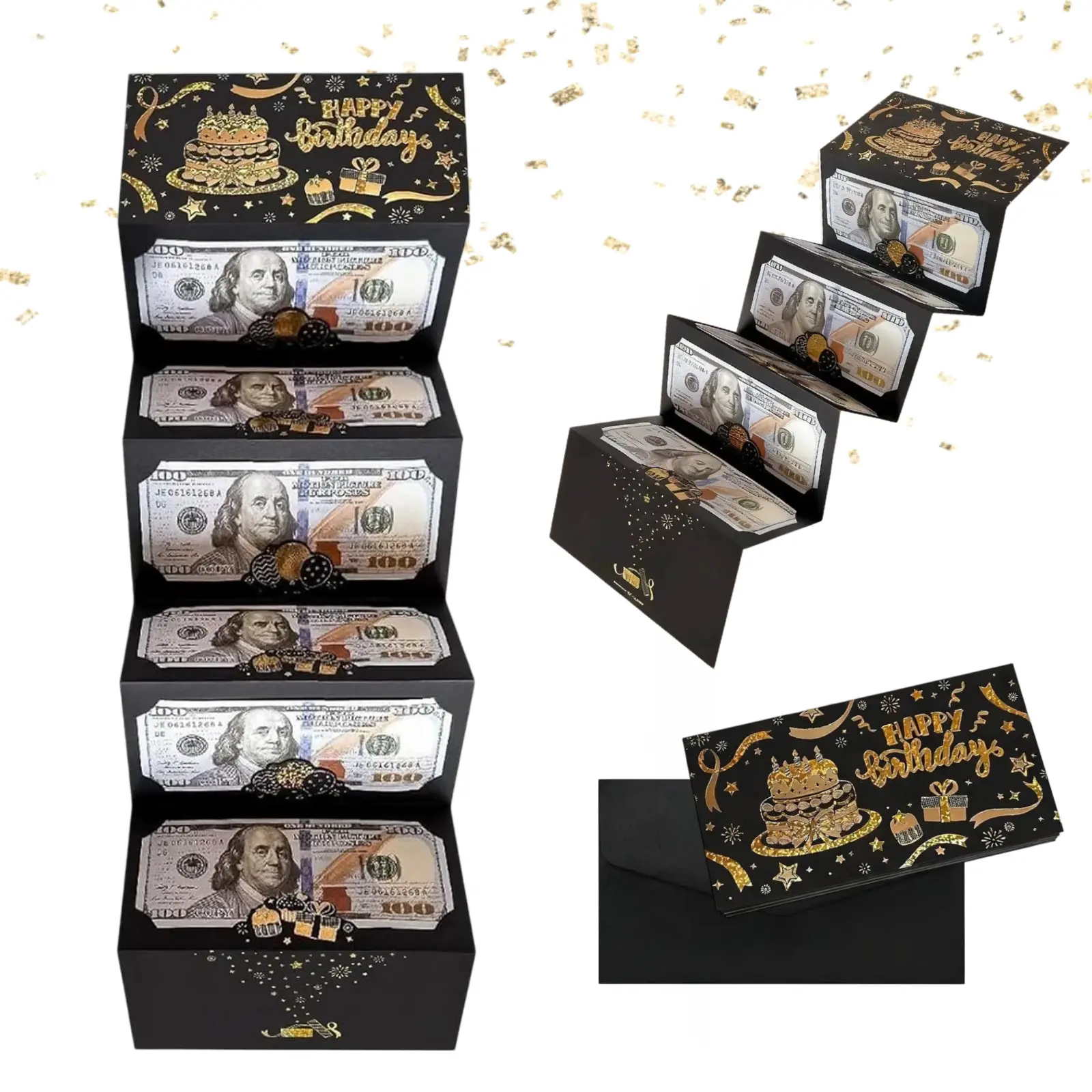 Black Gold 6-Slot Surprise Cash Envelope - Luxury Black Gold Design Greeting Card Cash Holder, Office Stationery Keepsake for Birthday Parties