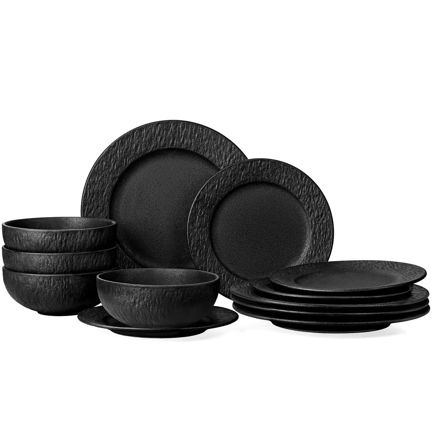 KINGSTONE Black Vitrified Porcelain Tableware Set, Textured Dinner Plates, Textured Bowls, Microwave-Safe, Dishwasher-Safe