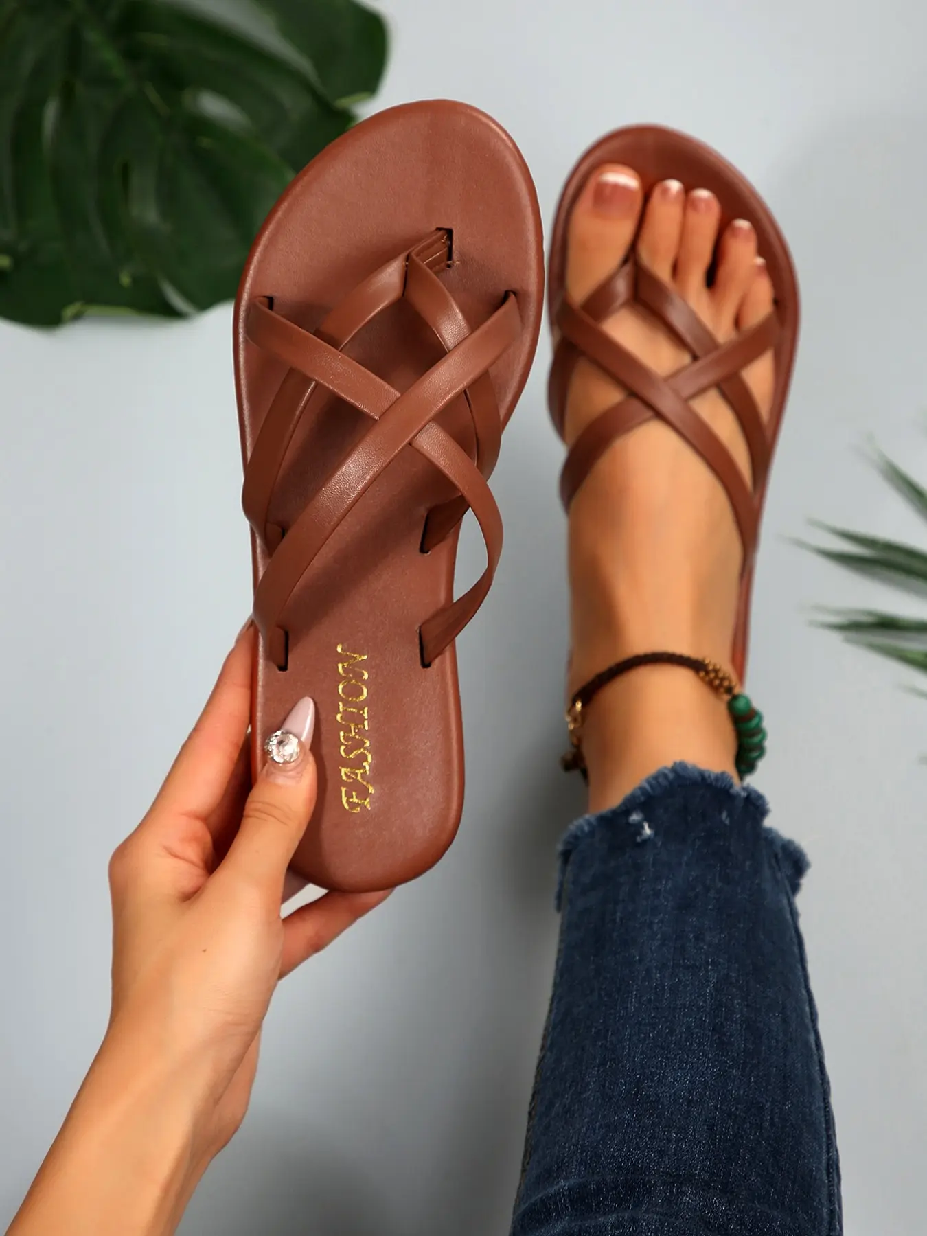 Spring Summer Women's Cross Strap Sandals, Open-Toe Flat Slippers, Beach Home Outdoor Casual Slides, Beach Slides Footwear, Artificial Leather, PVC Sole