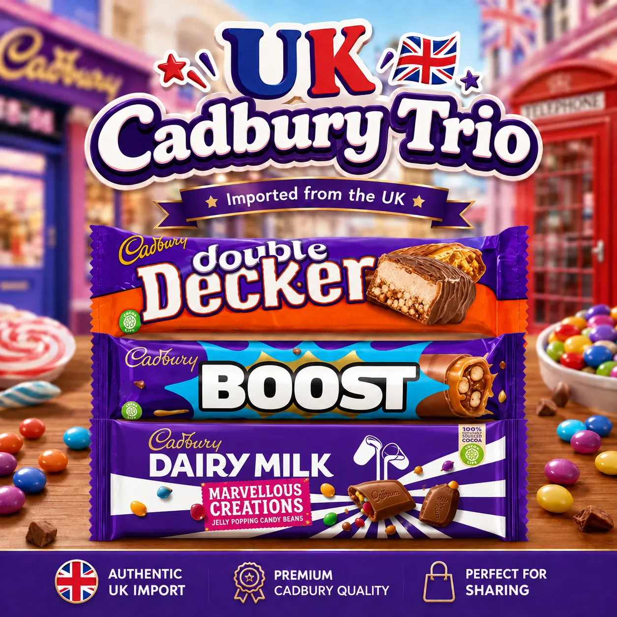 Cadbury UK Chocolate Trio Snack - Double Decker, Boost, Dairy Milk Marvellous Creations Creamy Hazelnut Bar, Authentic UK Import, Premium Quality, Ideal for Sharing