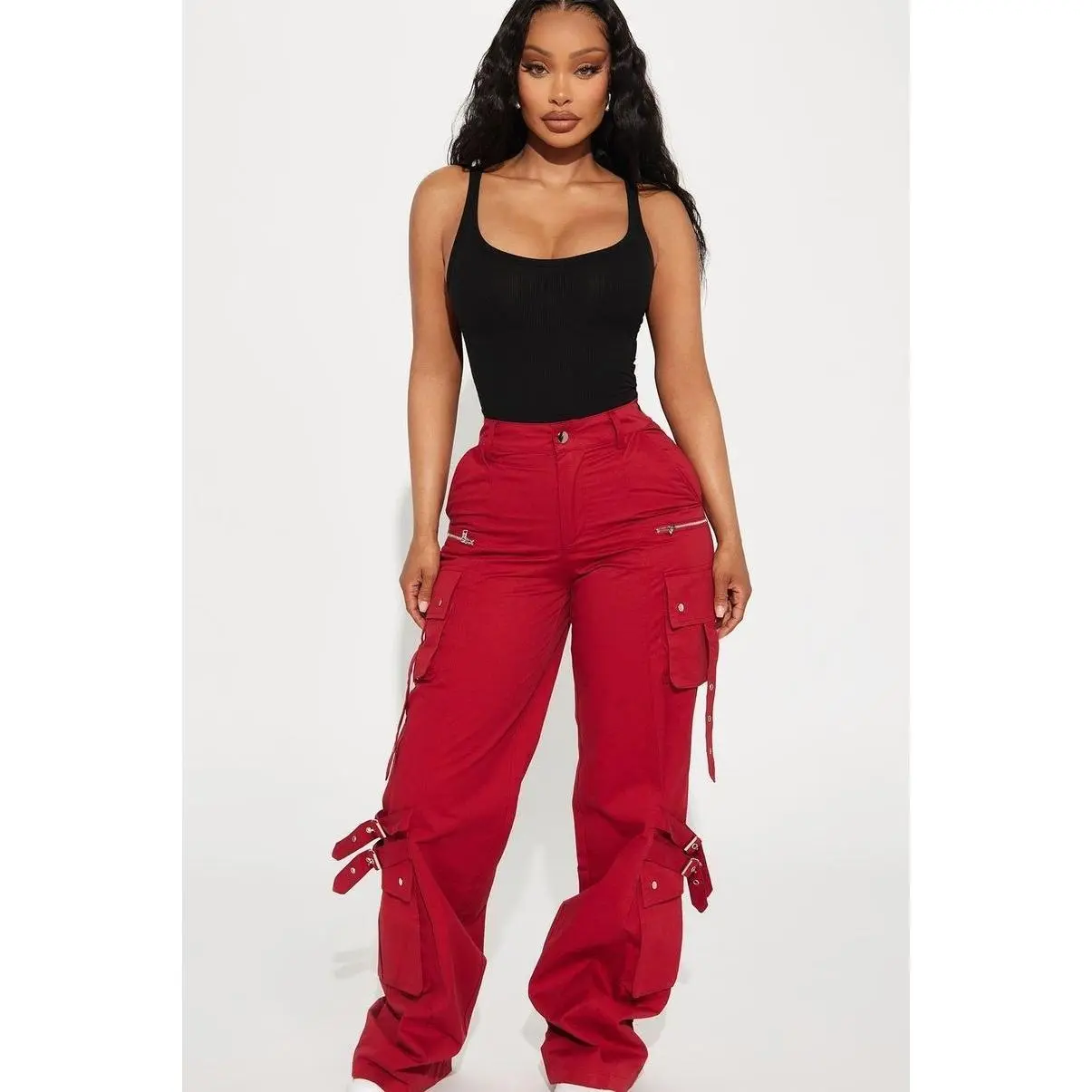 Women's Cotton Cargo Pants - Brick Red 1, Zipper Closure, Cargo Style, Functional Pocket Design
