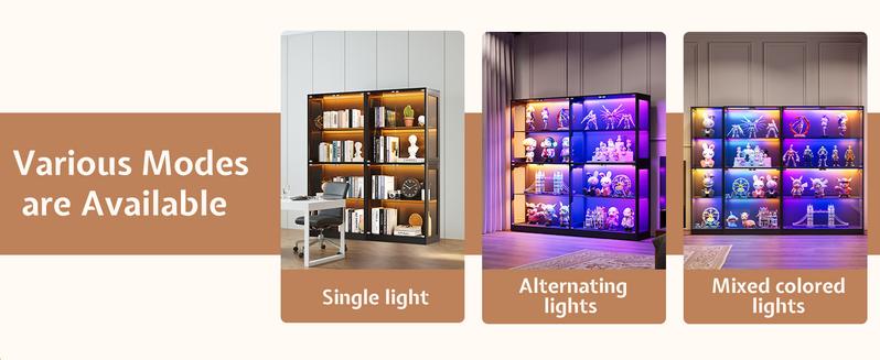 VanAcc Display Cabinet with RGB Lights, 4-Tier Storage Display Case for Collectibles, Adjustable Shelves, MDF and Tempered Glass, Black