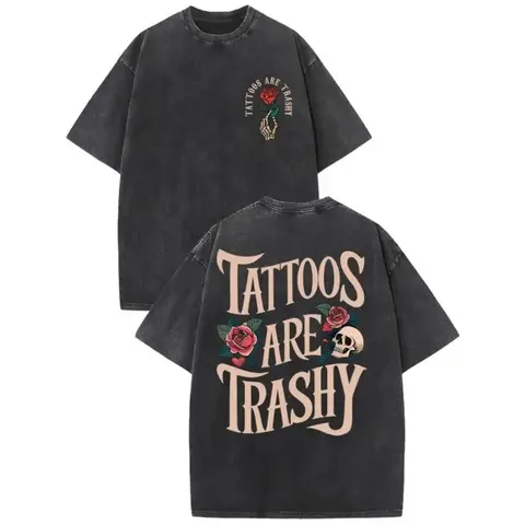 [Vintage Cotton T-Shirt] High Quality Cotton Vintage Wash Style Men's Double-Sided Printed T-Shirt, Tattoos Are Lowbrow, Summer Wear, Drop Shoulder Sleeves Round Neck Short-Sleeved Top