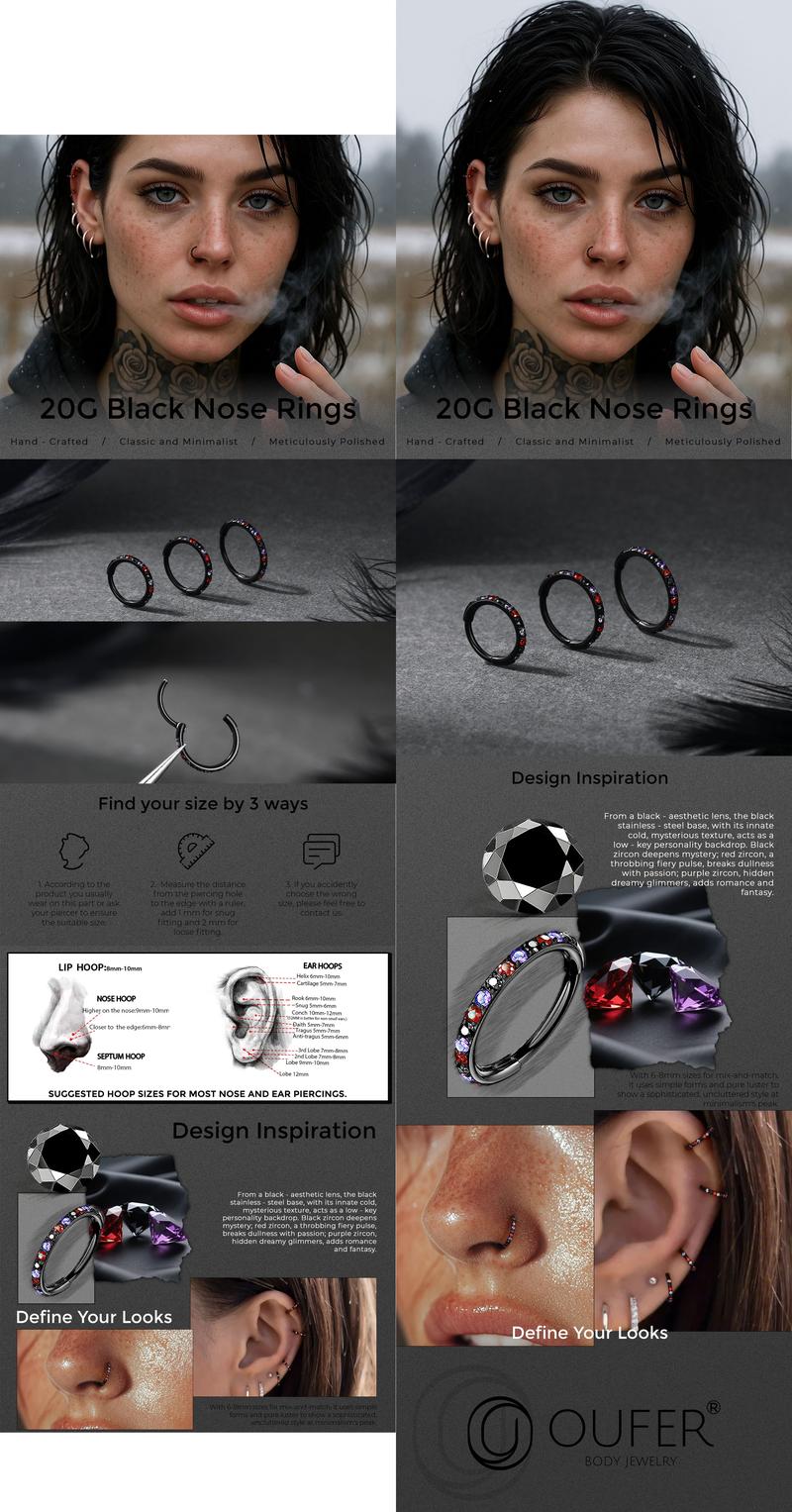 Oufer Halloween CZ Hinged Nose Hoop Ring for Body Jewelry 20G Stainless Steel 5mm-12mm Inner Diameter Black Purple Pink Green Blue Trick or Treat Collection Christmas Theme