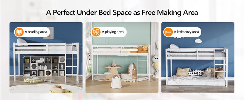 VINGLI 47'' Tall Junior Low Loft Bed with Stairs, White Wood Loft Bed Twin Size for Adults, Kids and Young Teens, No Box Spring Required,Wood Slat Support