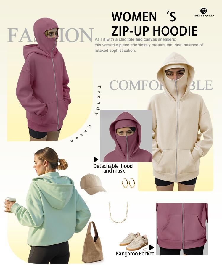 Trendy Queen Women's Stylish Balaclava Hoodie with Full-Face Mask - Casual Zip-Up Sweatshirt, Graphic Design, Perfect for Outdoor Activities| Fashionforward Hoodie | Durable Fabric Hoodie Tops Womenswear