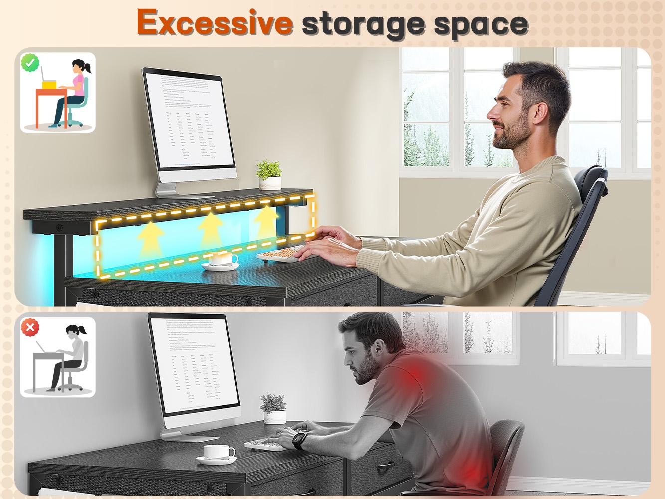 【Vanity & Computer Desk】31.5'' Gaming Desk with LED Lights in Dorm & Tiny home,Computer desk with 2 Storage Drawers,Home Office Desk with Side Pocket & Ergonomic Monitor Stand,Writing Table with Anti-Tip Design, Nice gift for Women and Teens