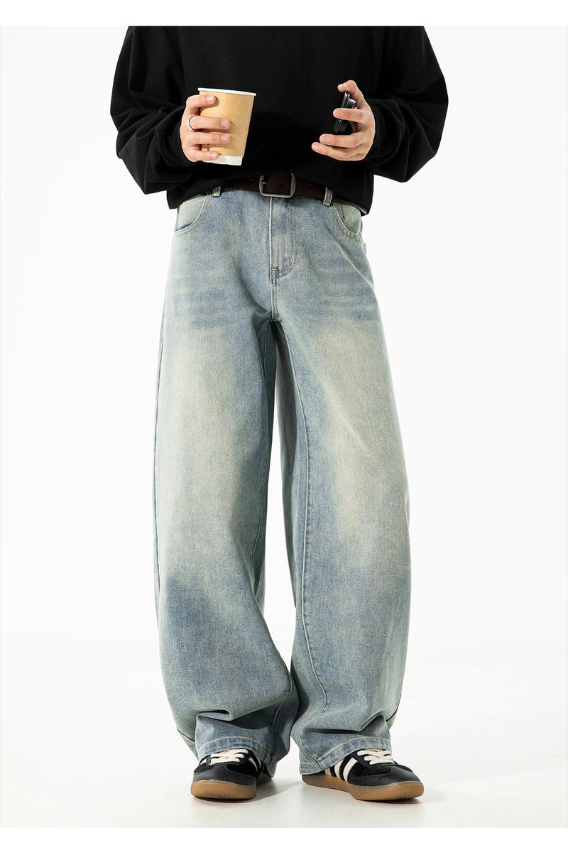 Men's Vintage Oversized Jeans for Fall, Washed Distressed Trendy Brand Loose Straight Leg Pants, Unisex Street Style Minimalist Versatile Fashion Floor-Length Jeans, Men's Denim Pants, Youthful Popular Student Pants, Soft Comfortable Fabric, Suitable for